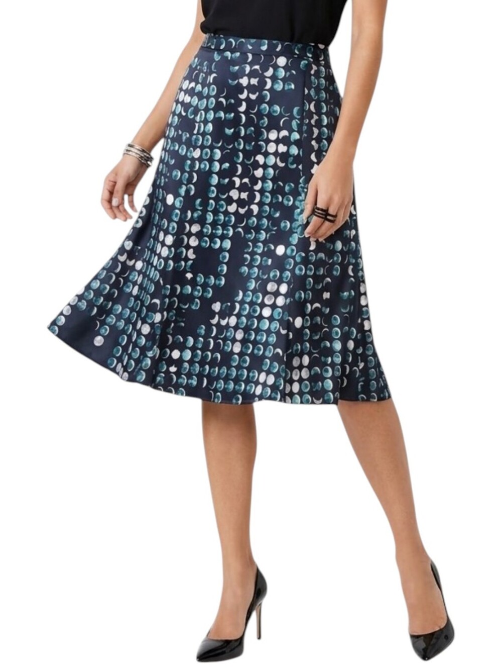 East 5th Moon Phase Geometric A-Line Skirt Size 10 Teal White Black Mid-Length